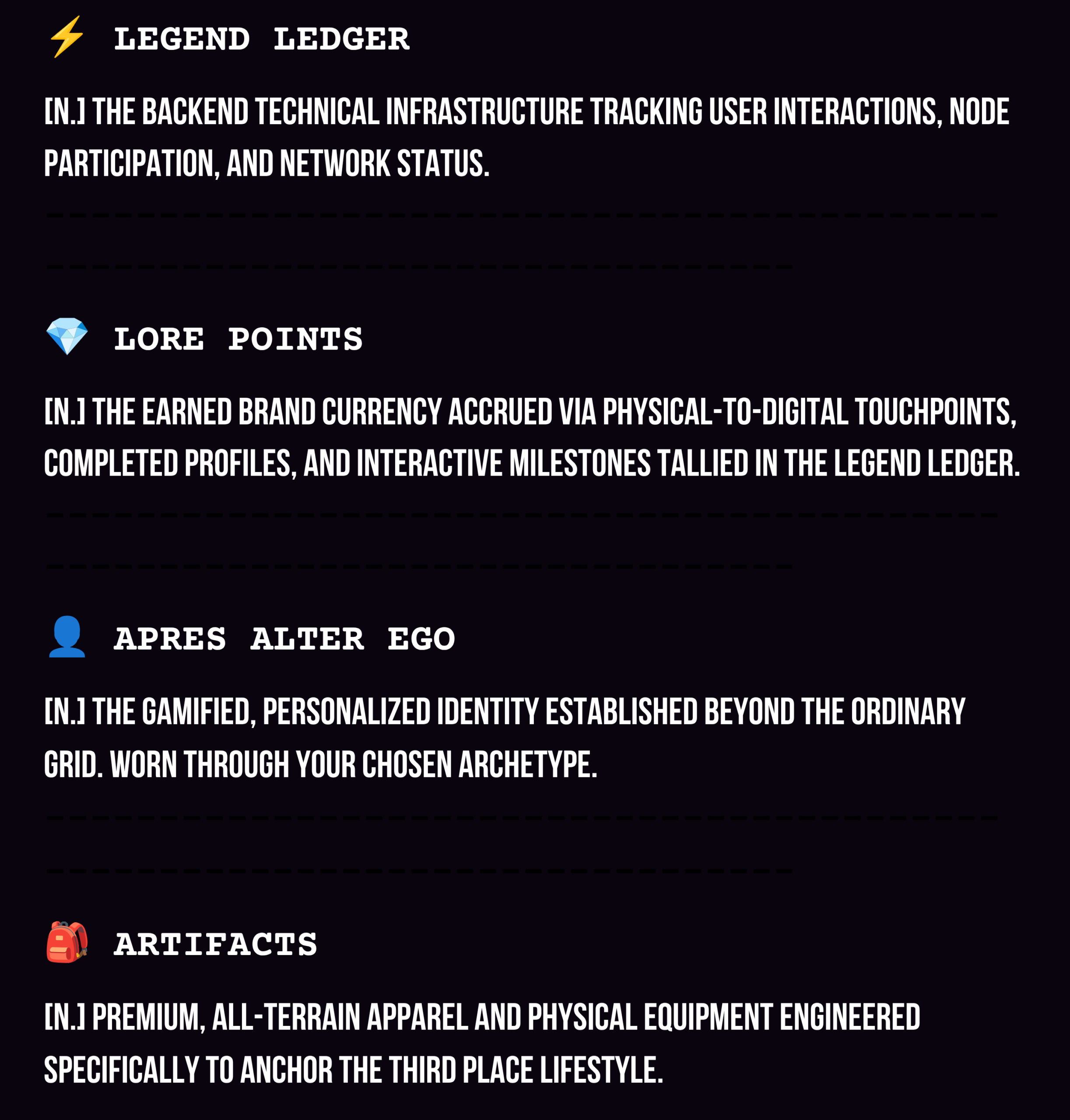 The Field Guide to the LeisureVerse Matrix — page 2: Legend Ledger, Lore Points, Apres Alter Ego, Artifacts