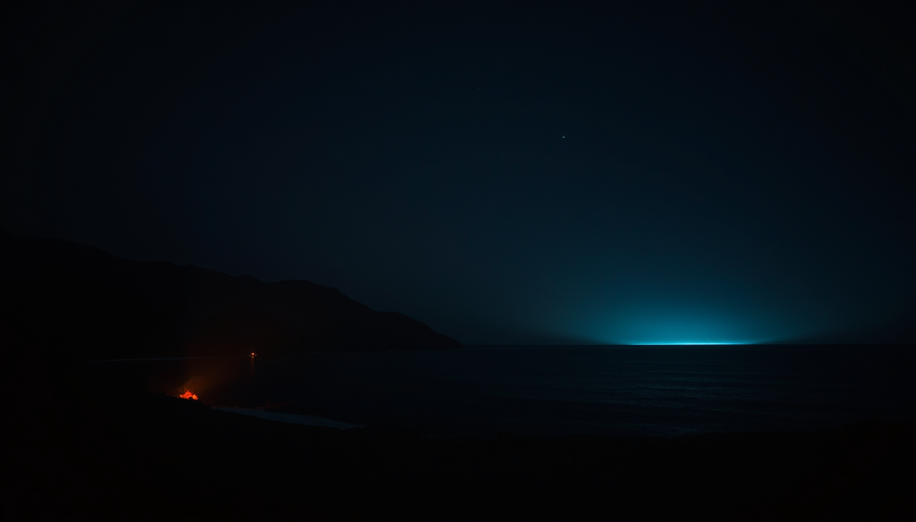 Horizon shot of a campfire and last disappearing glimpse of light before it drops off. 