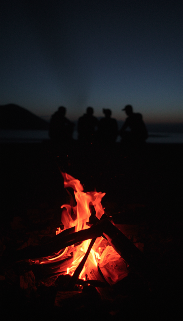 Legends of the LeisureVerse enjoying leisure time sharing a campfire near the woods and a beach discussing what many others have for a long time: whether alients and sasquatches are sharing space with us